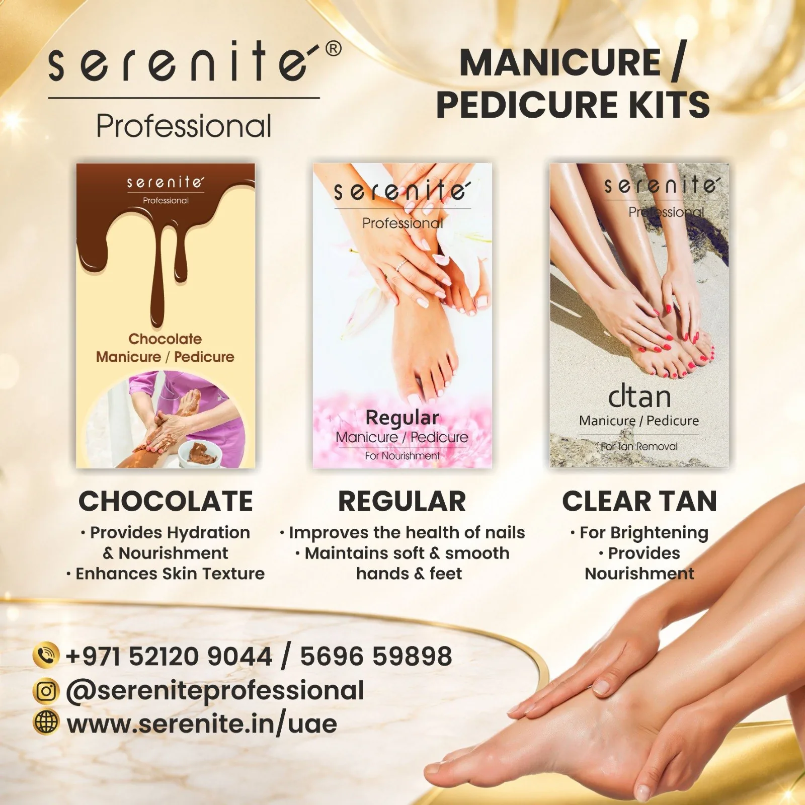 Serenite Professional manicure and pedicure kits: Chocolate, Regular and Clear Tan